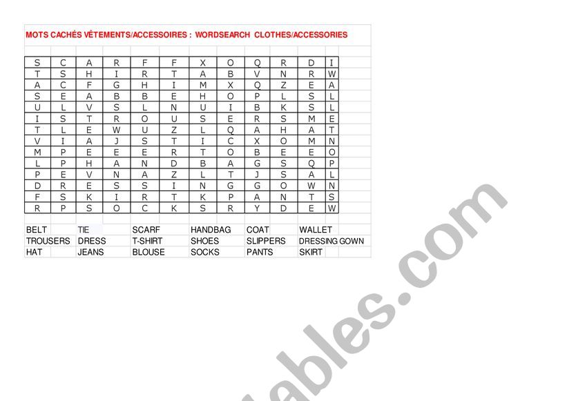 Wordsearch Clothes and Accessories (look for the English words)