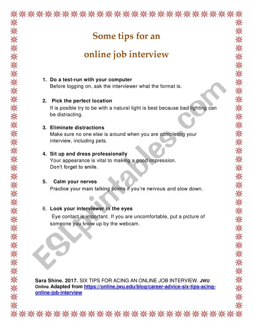 SOME TIPS FOR AN ONLINE JOB  INTERVIEW