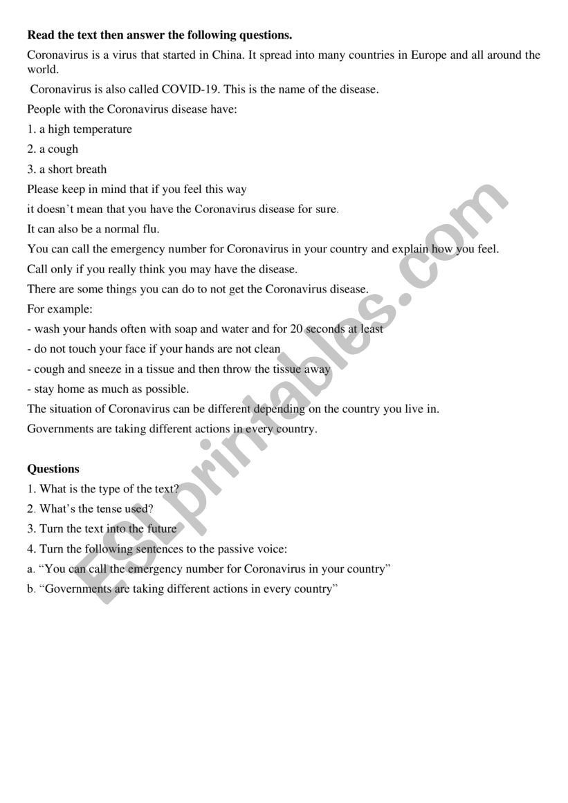 Coronvirus worksheet