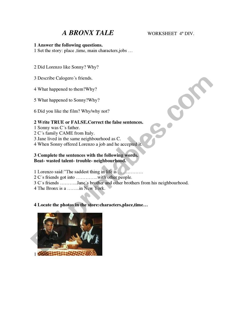 Film worksheet-A Bronx Tale worksheet