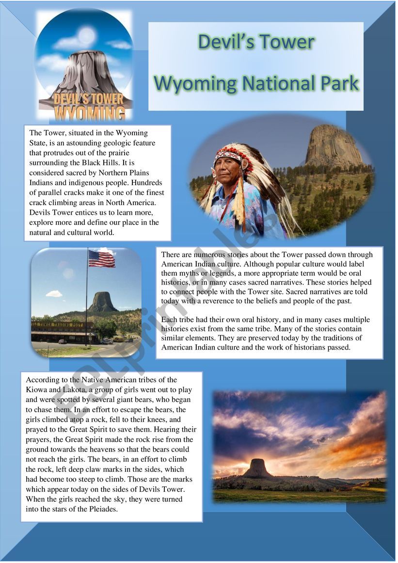 Devils Tower Wyoming National Park Reading comprehension + keys