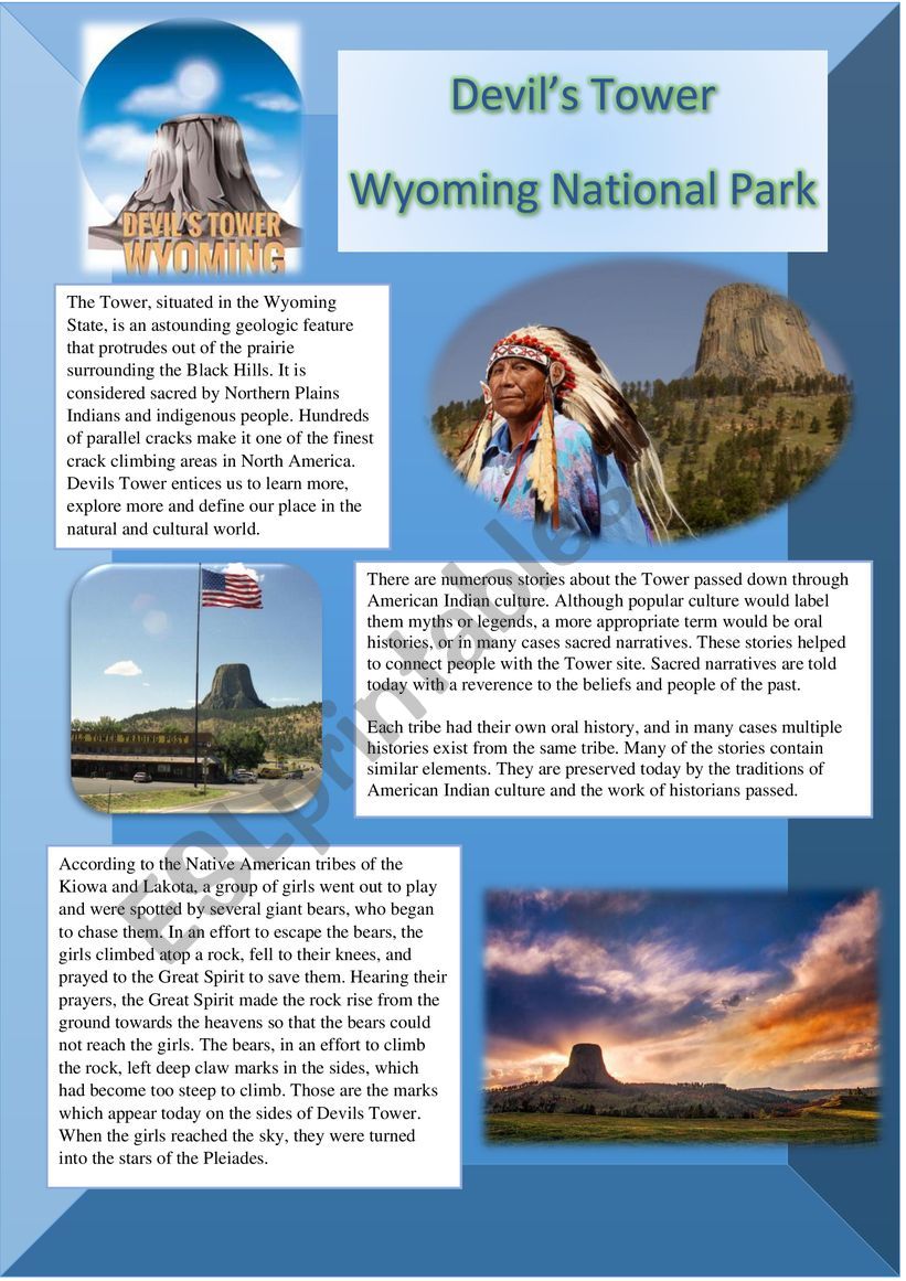 Devil´s Tower Wyoming National Park Reading comprehension + keys