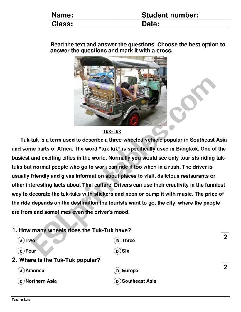 Tuk Tuk Taxi Thailand worksheet