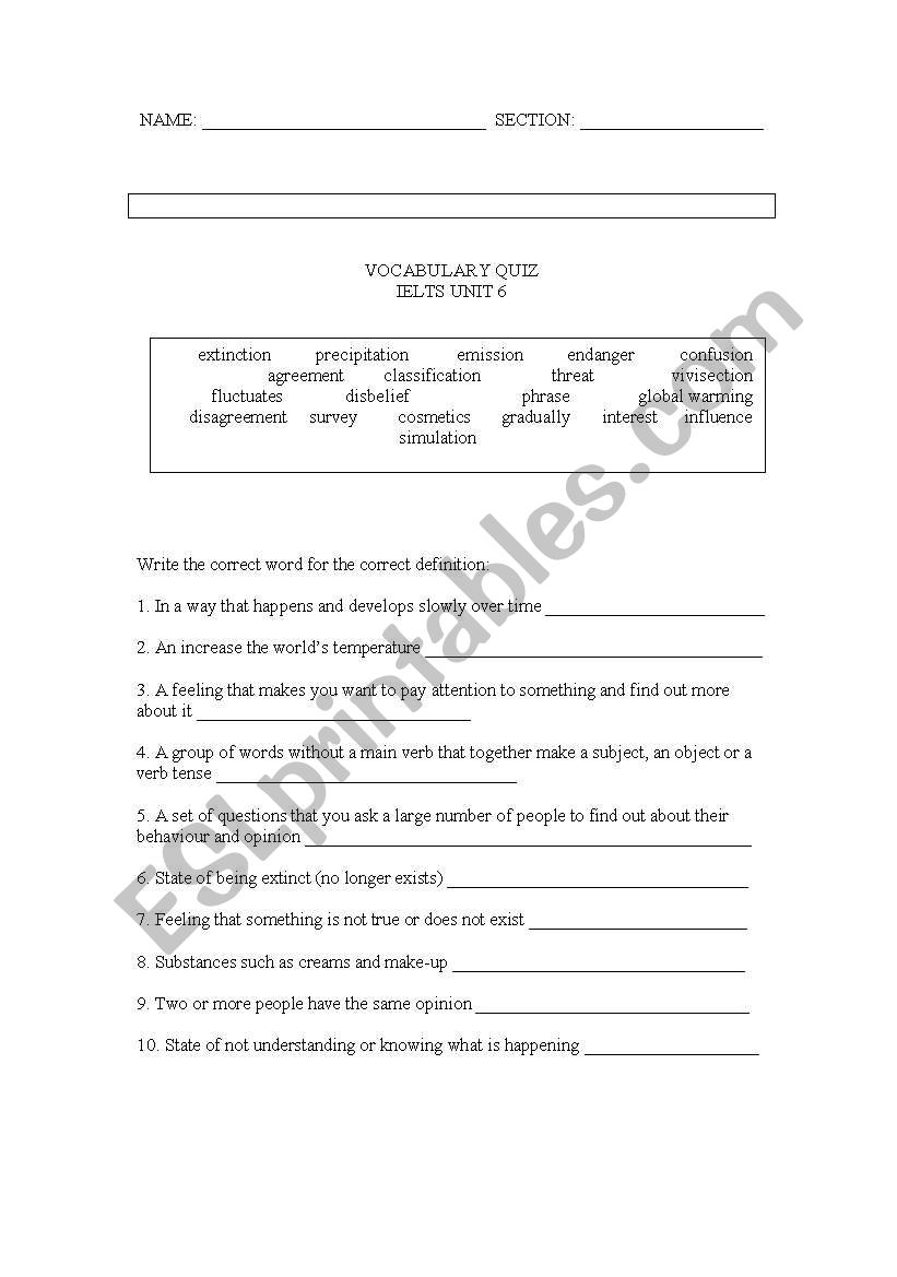 Vocabulary quiz worksheet