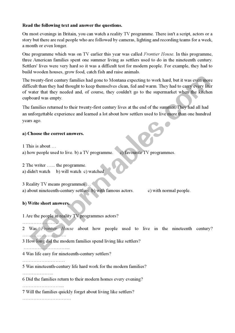 Reality Shows worksheet