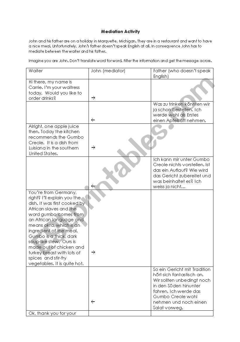 mediation activity - Germans in an American restaurant