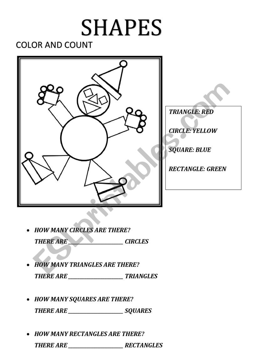 SHAPES COLOR AND COUNT worksheet