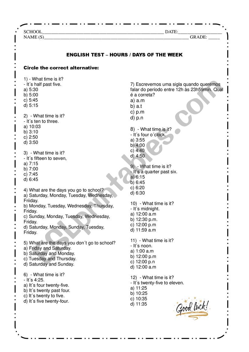 Test - hours and days of the week