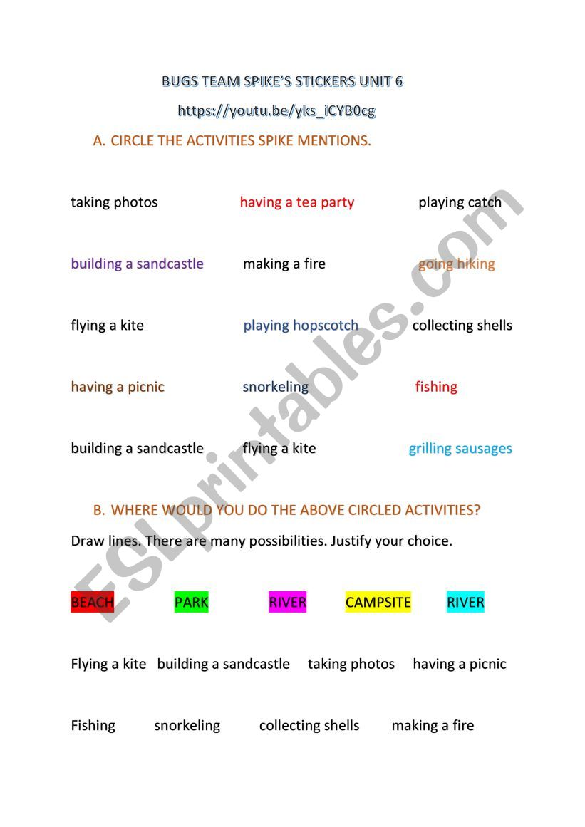 Bugs team Outdoor activities  worksheet