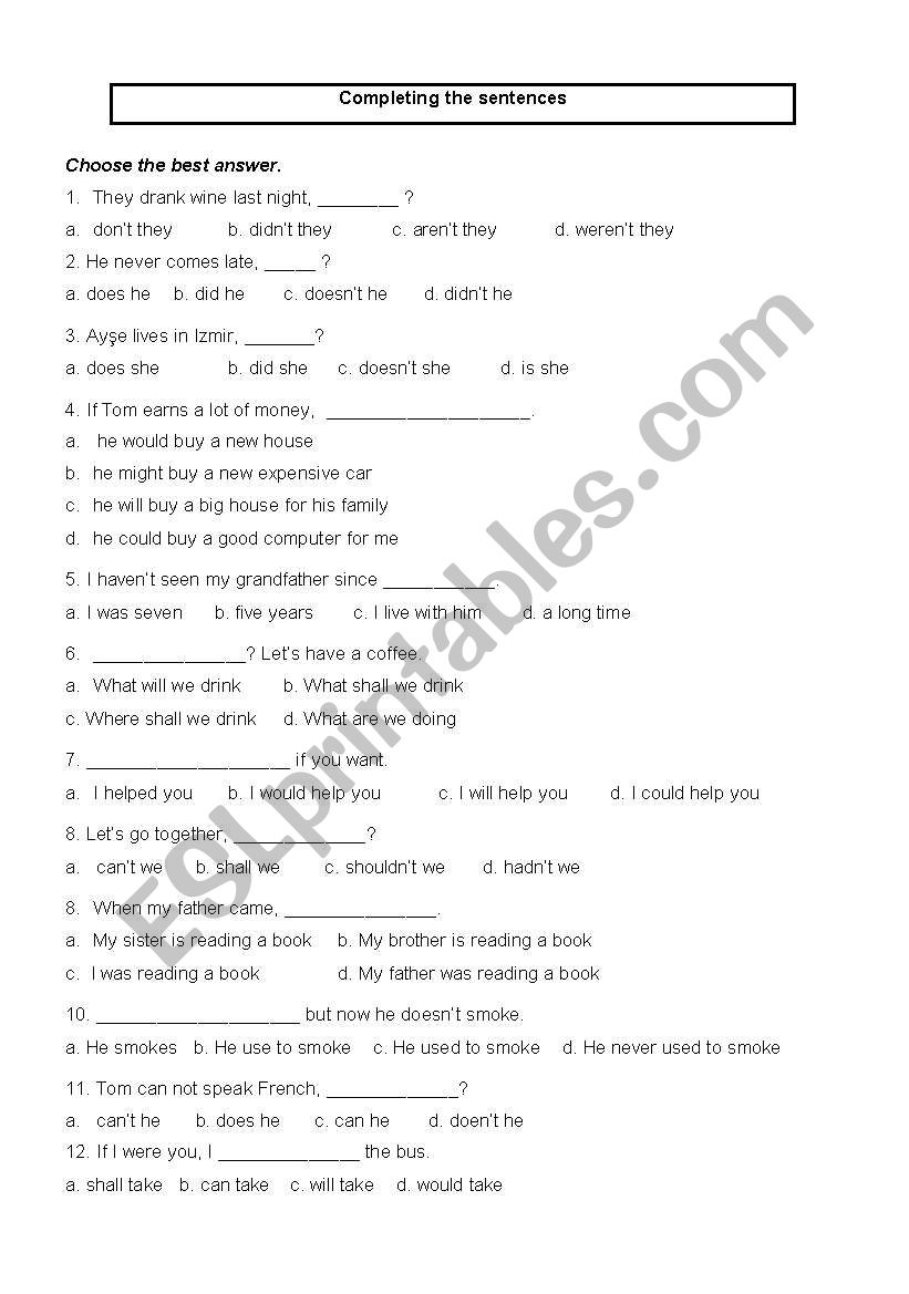 Completing Sentences worksheet