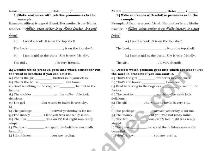 Relative pronouns worksheet worksheet