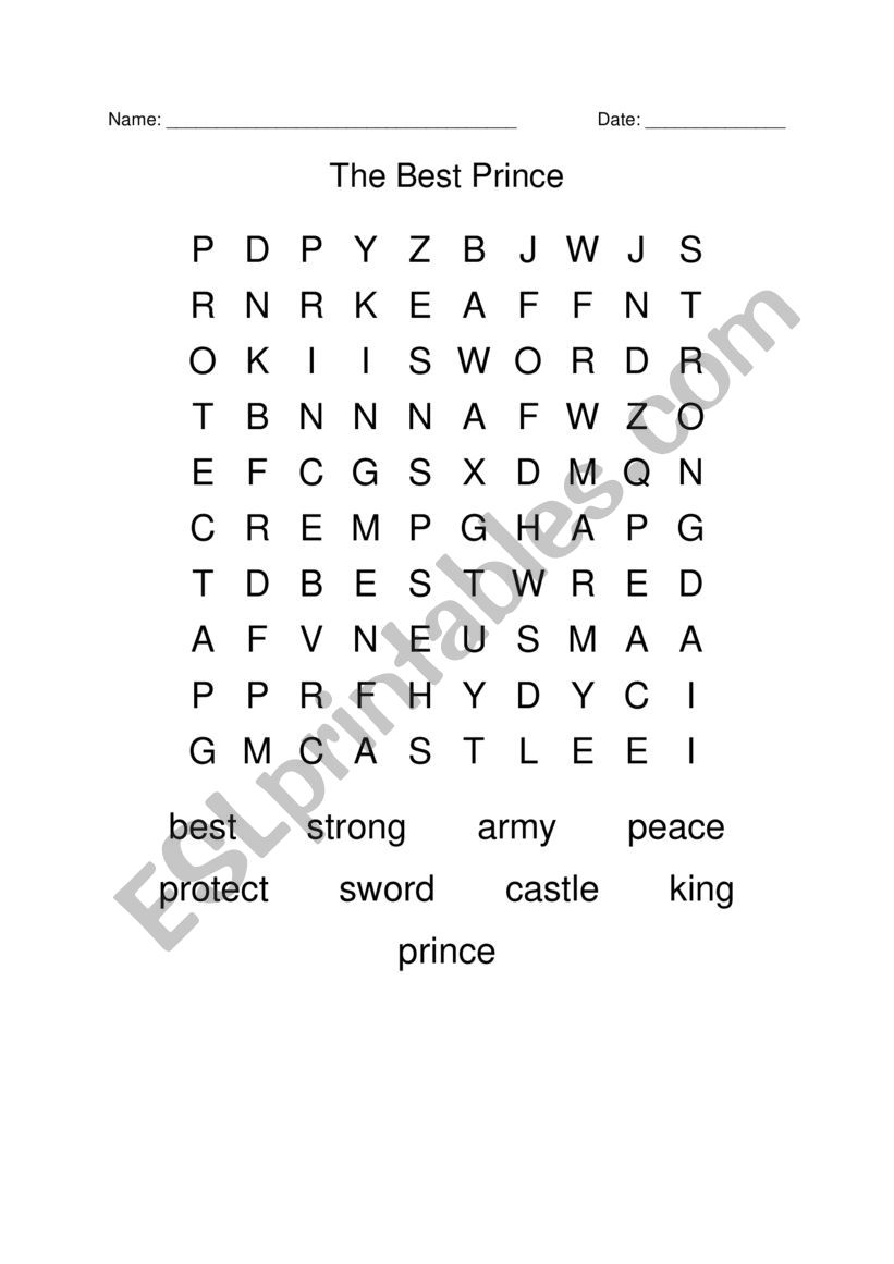 The Best Prince - Wordsearch worksheet