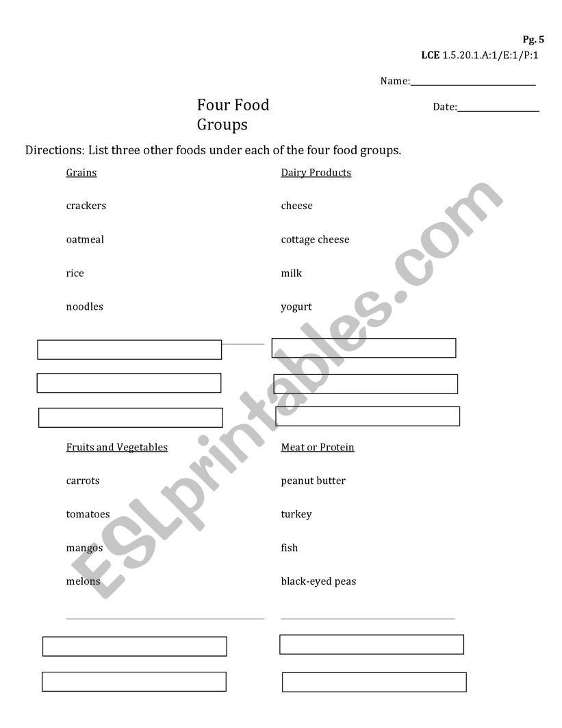 Food Groups worksheet