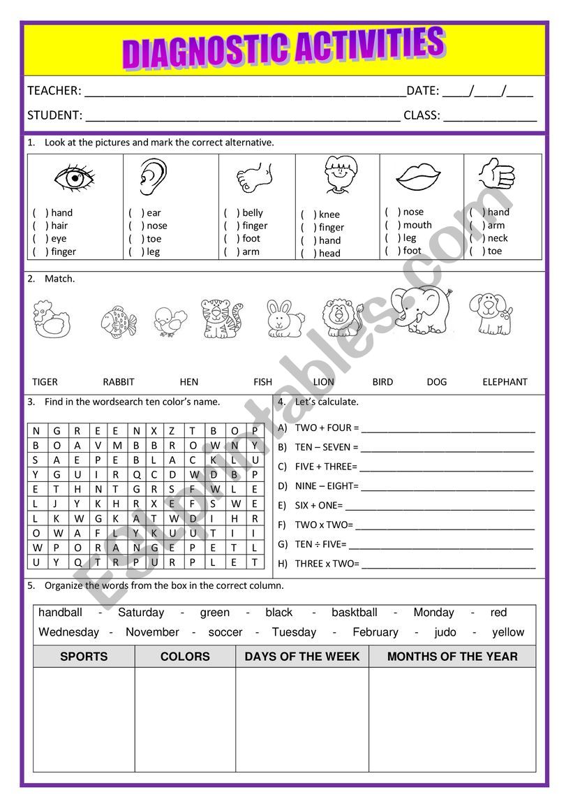 Diagnostic Activities worksheet