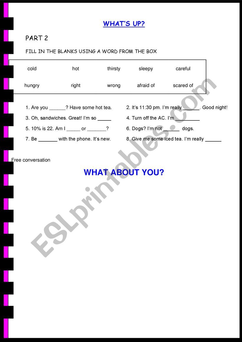 BE + Cold/hot/thirsty etc. worksheet