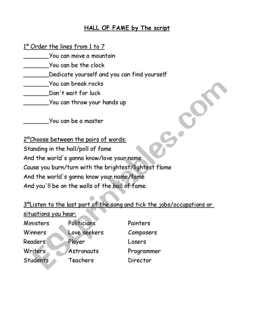 can - Hall of fame song worksheet