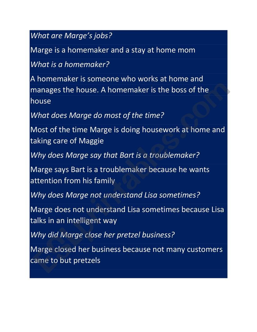 Marge Simpsons worksheet