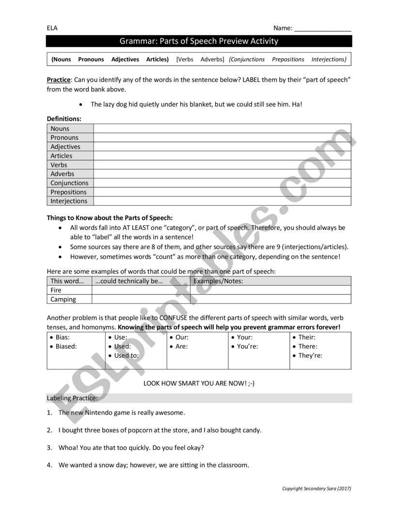 Grammar-parts of speech worksheet