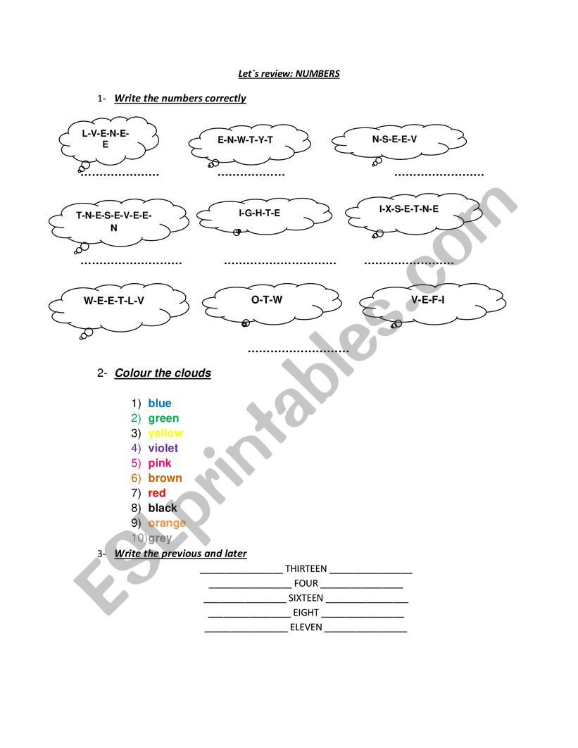 Numbers and Colours worksheet