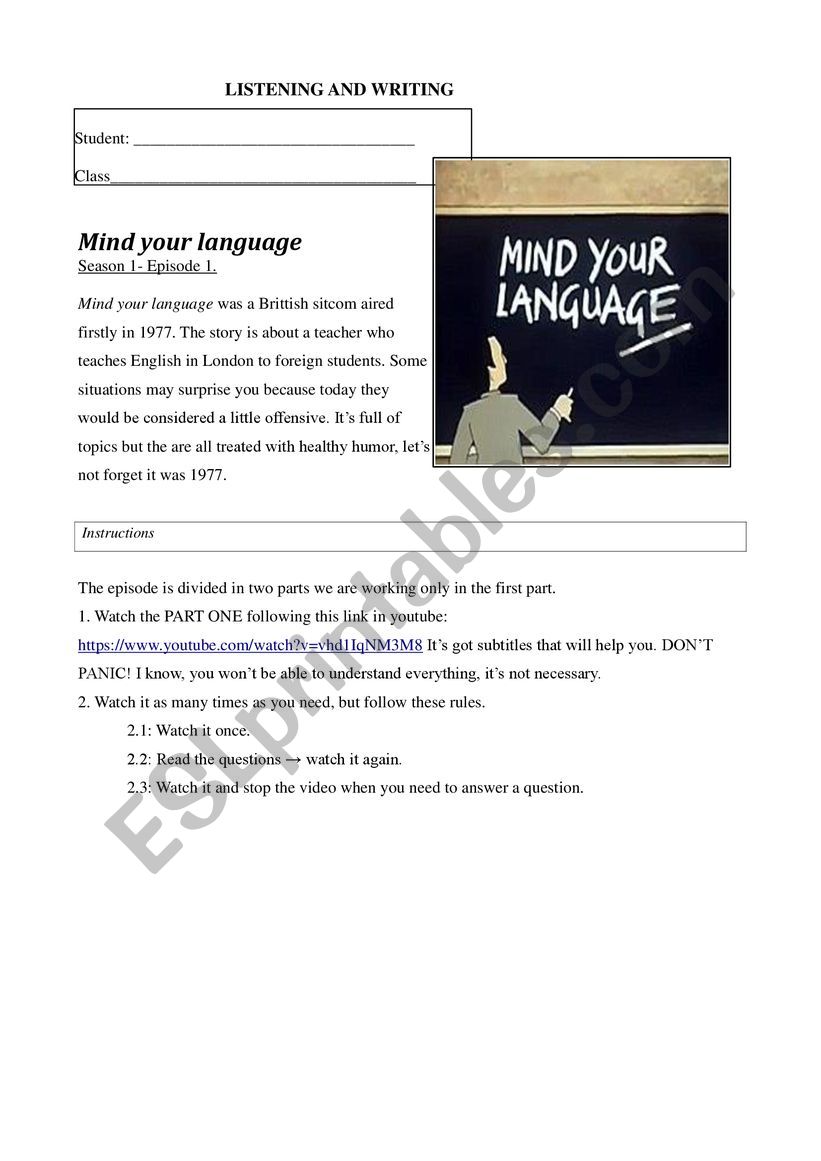 Mind your language - Elementary English episode- based worksheet -