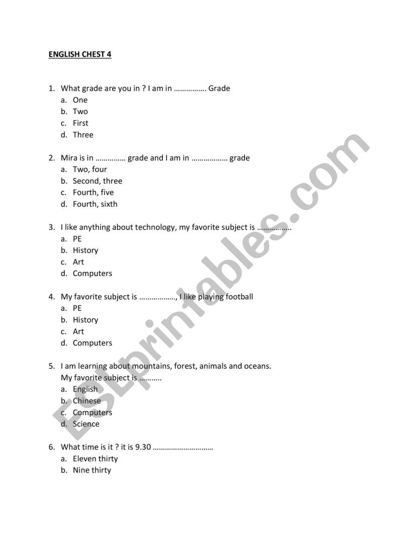 multiple choice test worksheet