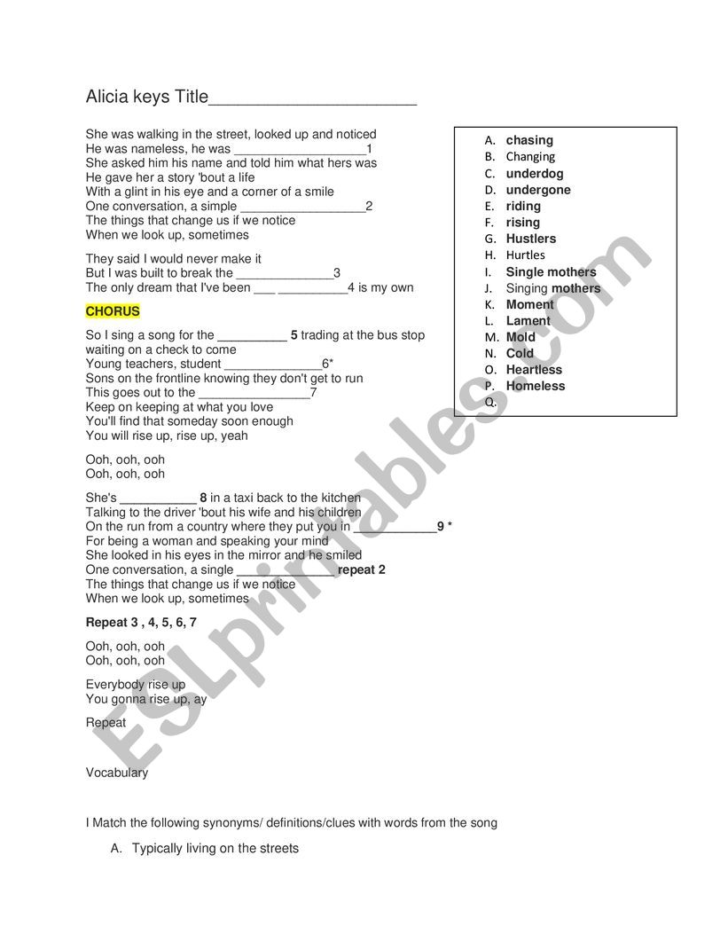 Alicia Keys Underdog worksheet