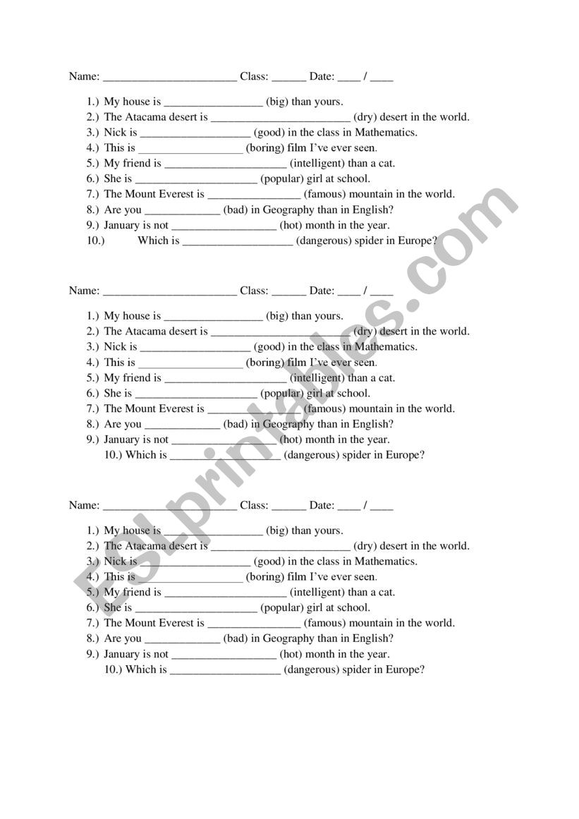 Comparison of adjectives worksheet