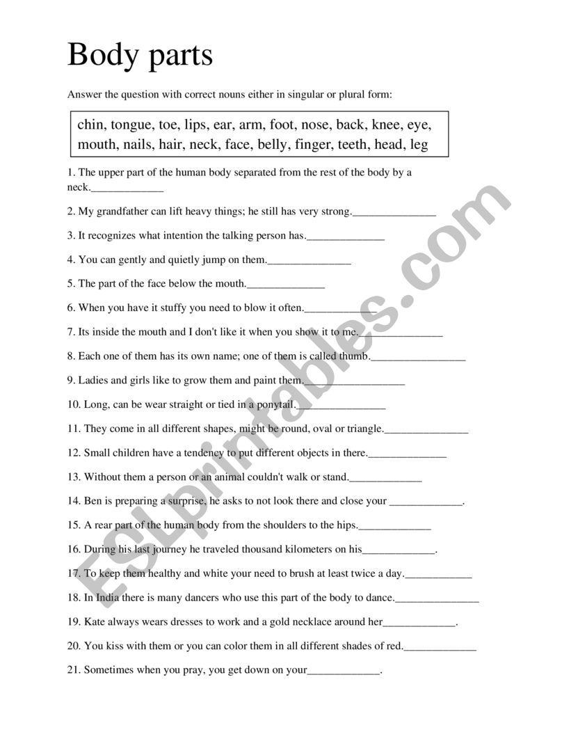 Body parts worksheet
