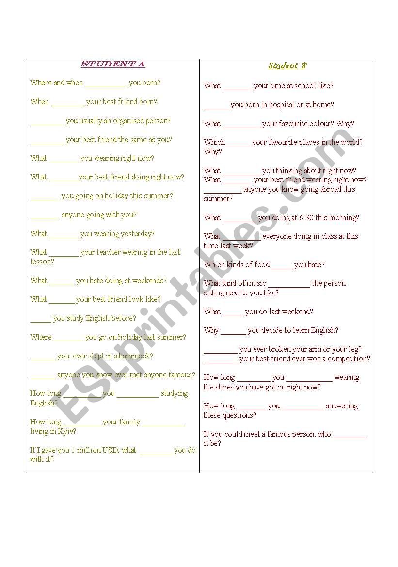 Speaking activity with qusetions and auxiliary verbs filling in.
