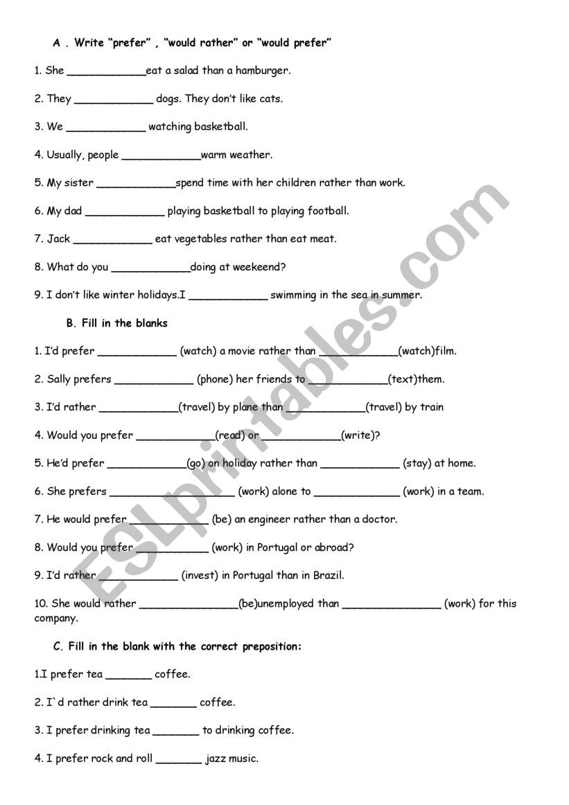 Preferences worksheet