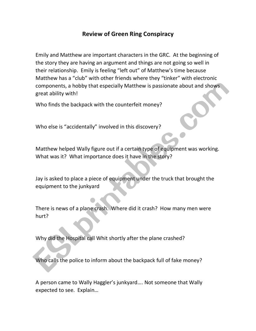 Green Ring Conspiracy worksheet