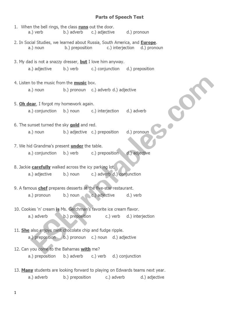 Parts of Speech Test  worksheet