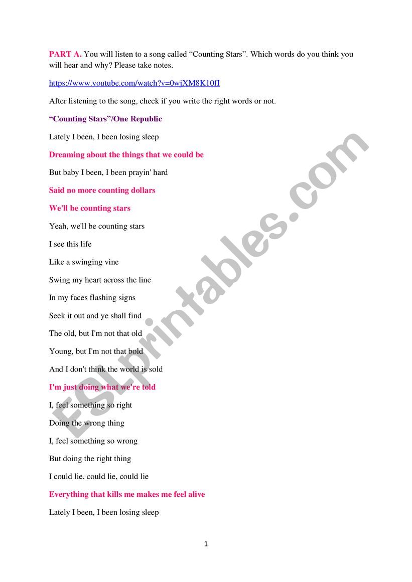 Song Worksheet worksheet