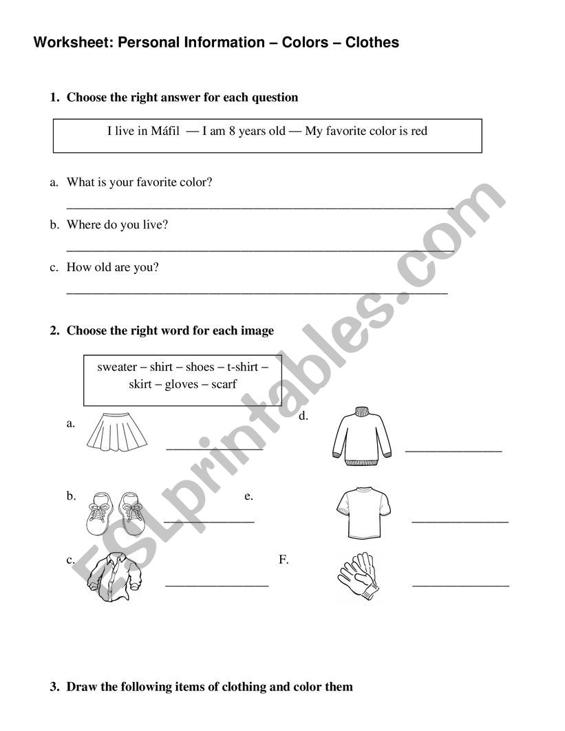 Review: clothes - personal information - ESL worksheet by KBerkhoffL