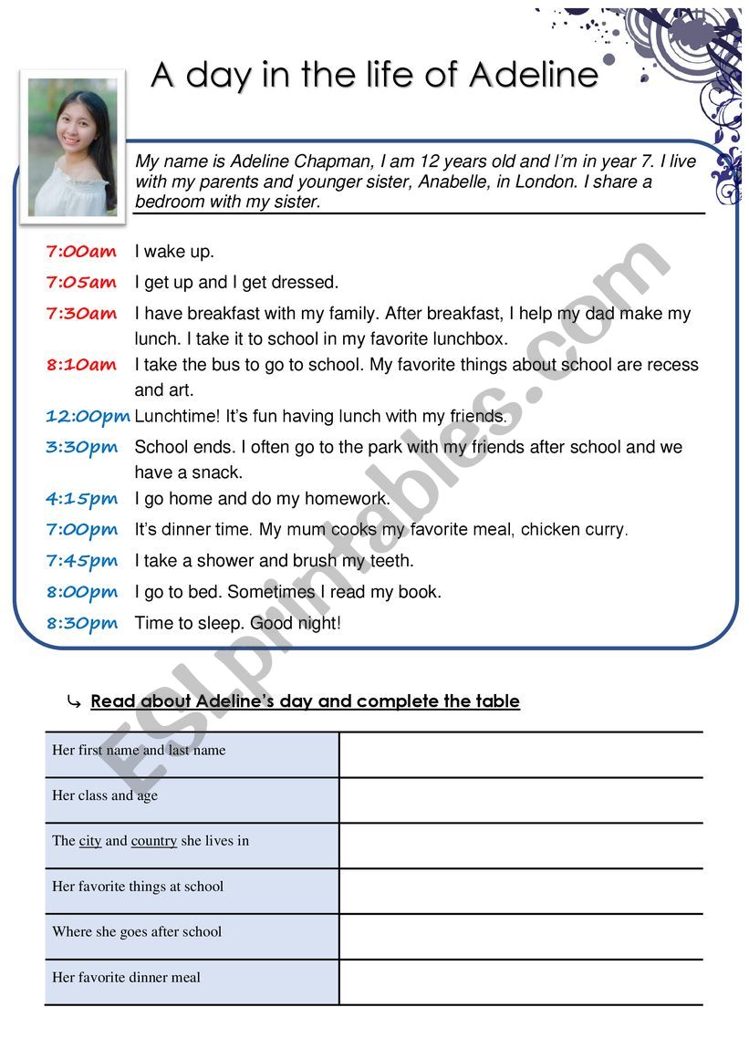 Daily Routine Adeline�s Day worksheet