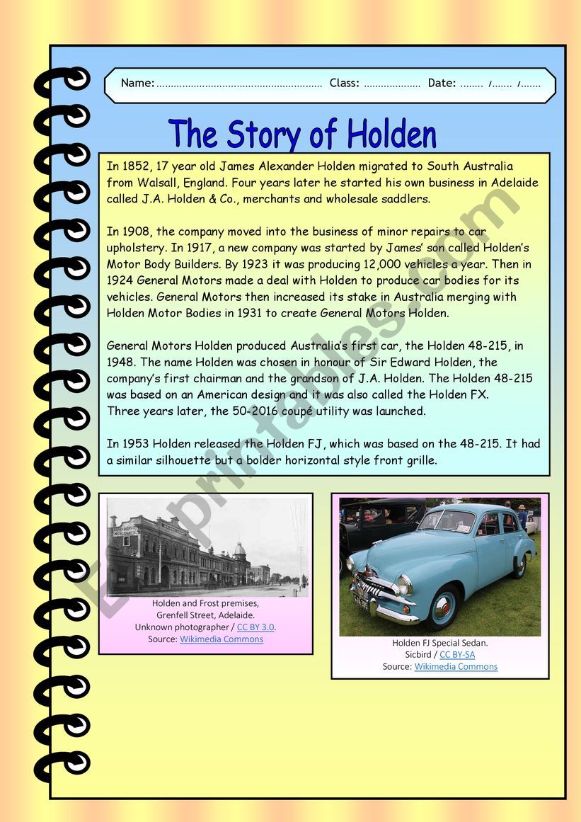 The Story of Holden worksheet