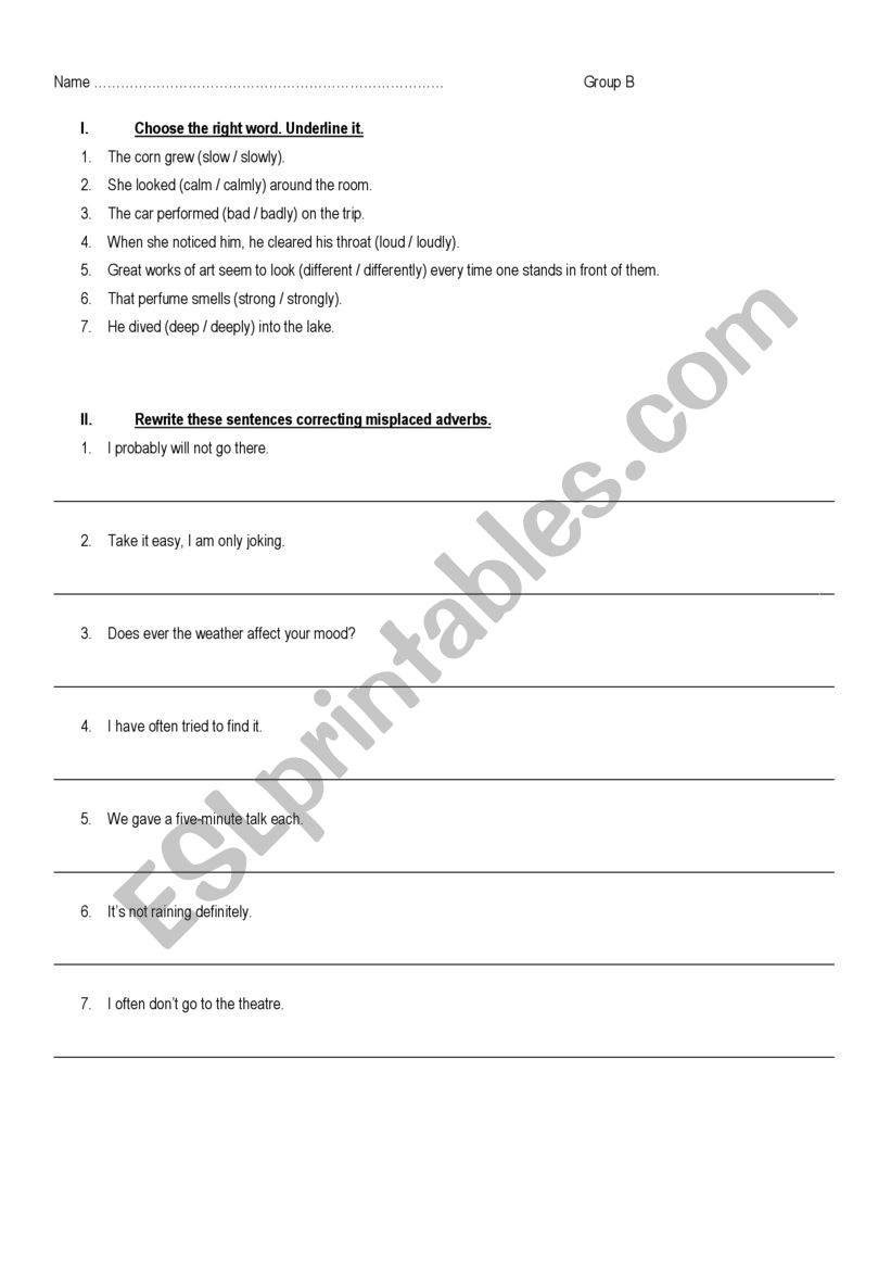 Test Adverbs and Adjectives Group B
