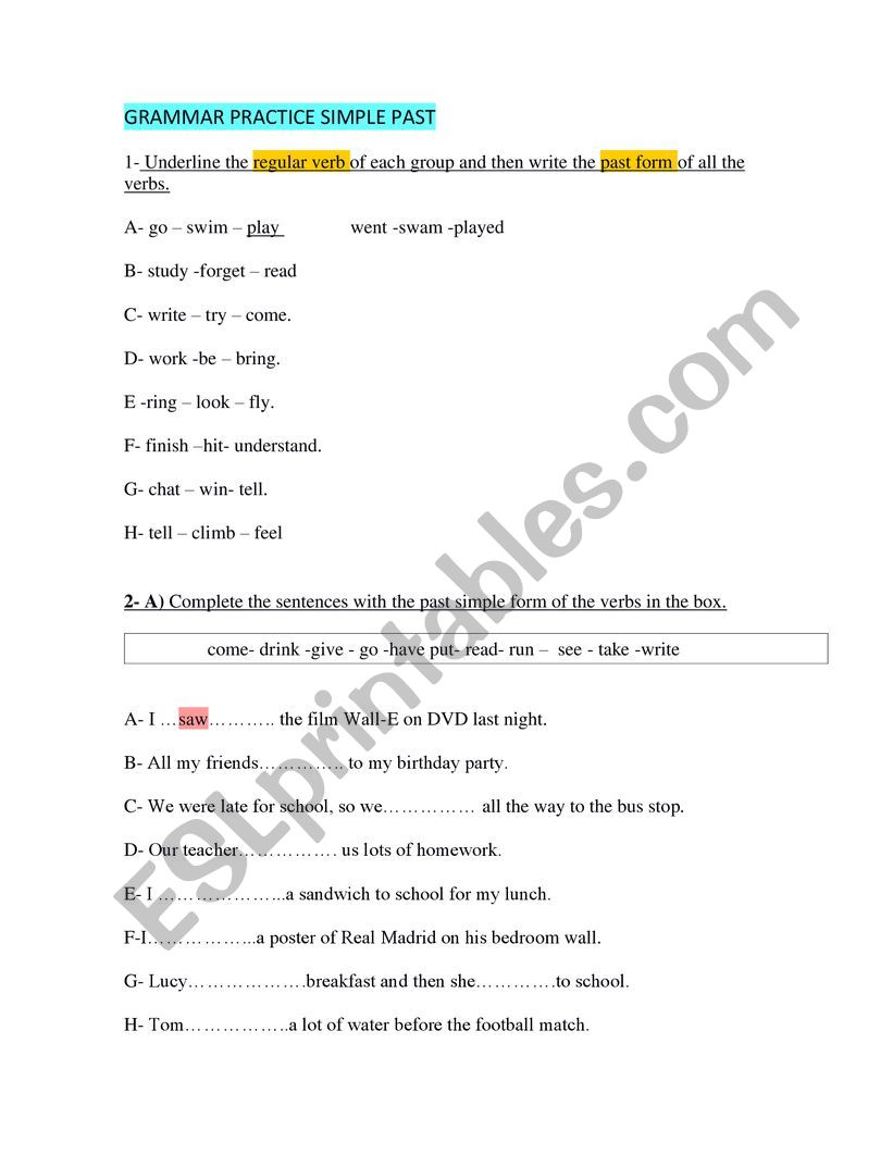 PAST SIMPLE GRAMMAR PRACTICE worksheet
