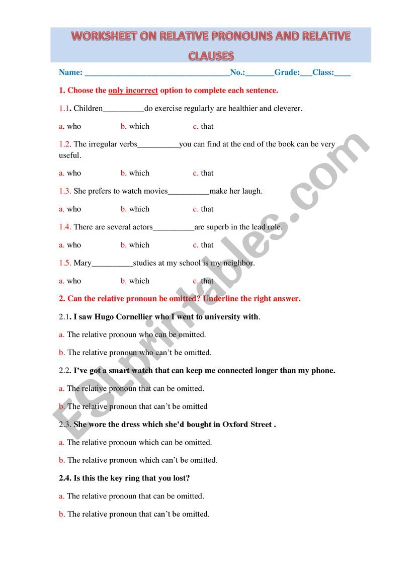Worksheet on Relative Pronouns and Relative Clauses