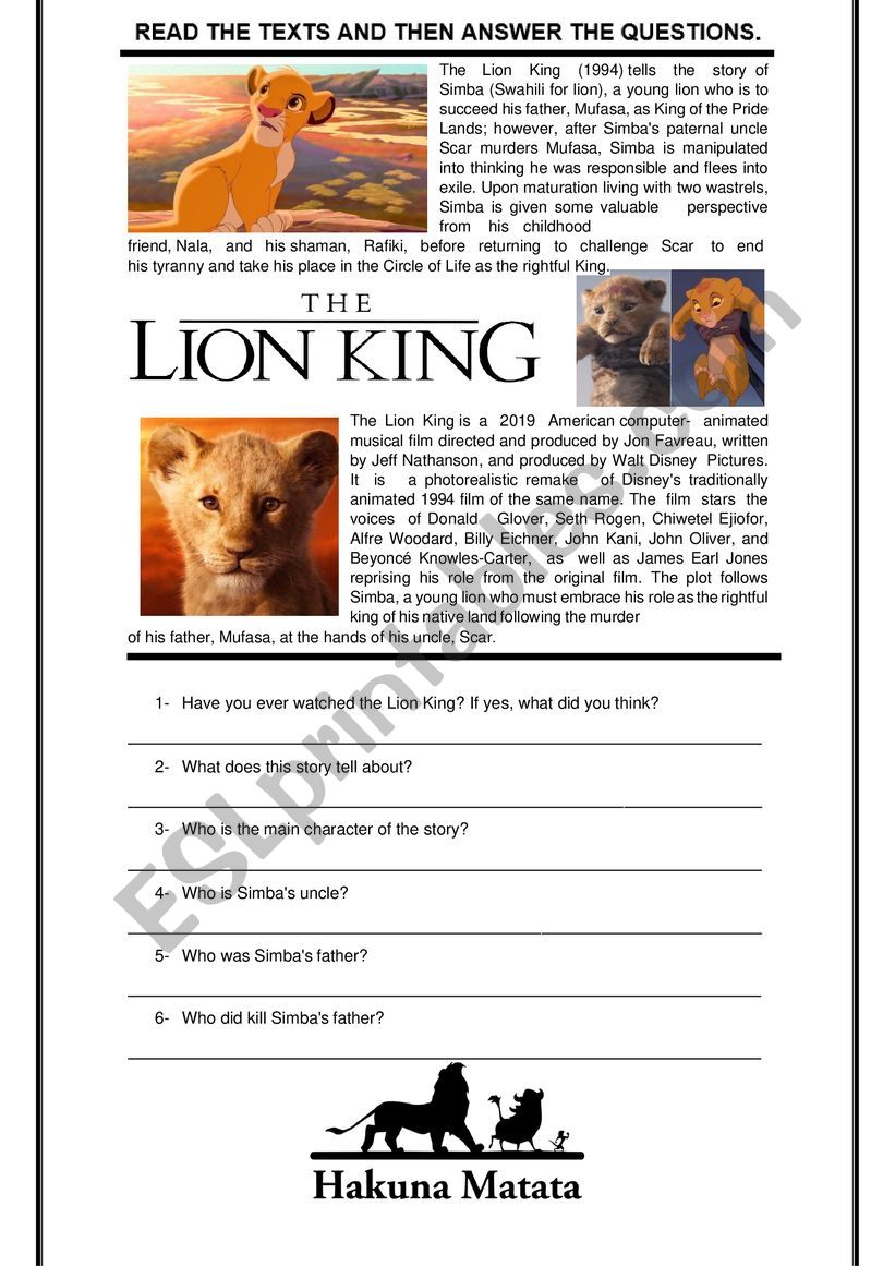 Lion King worksheet