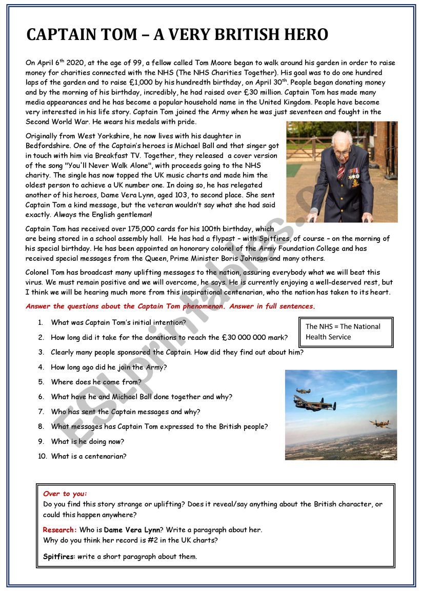 Captain Tom, a national hero worksheet