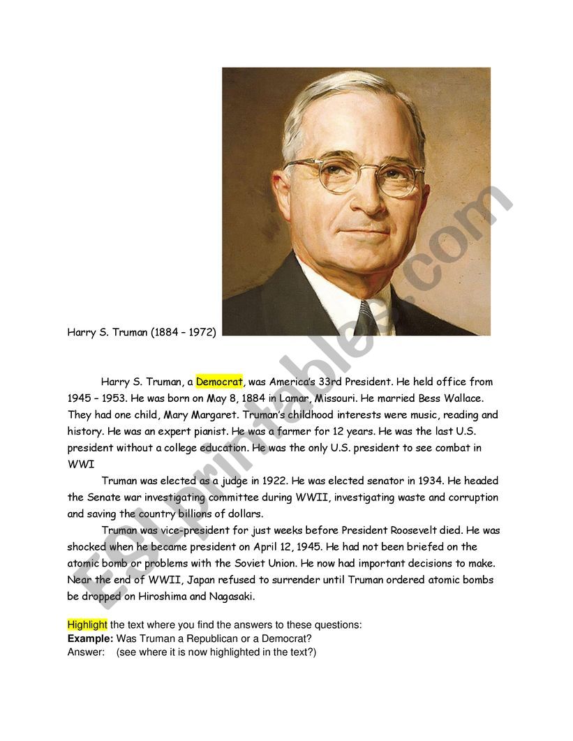 Harry Truman worksheet