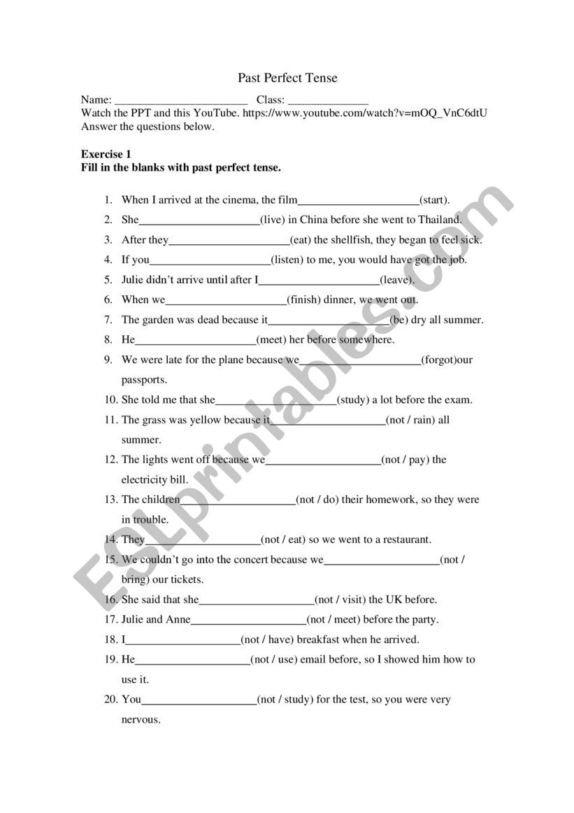 Worksheet On Perfect Tenses For Class 6