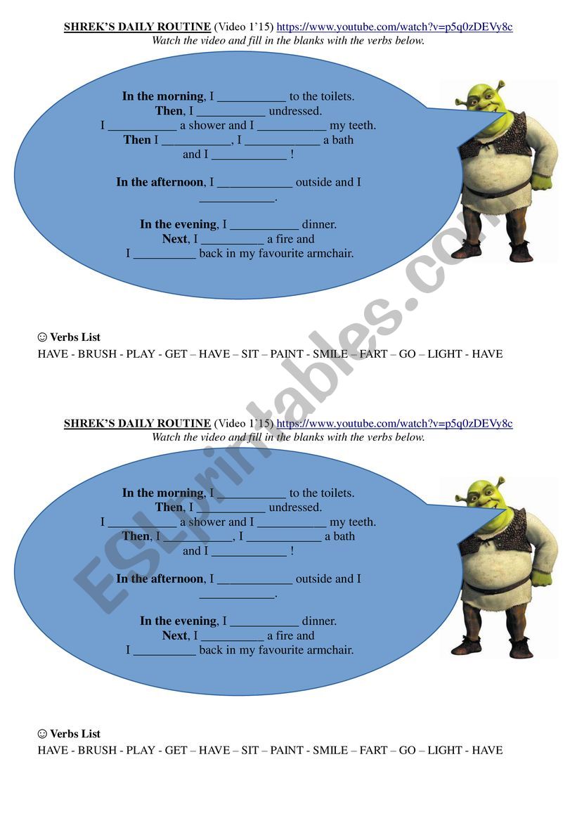 Shrek´s Daily routine - ESL worksheet by emzyand