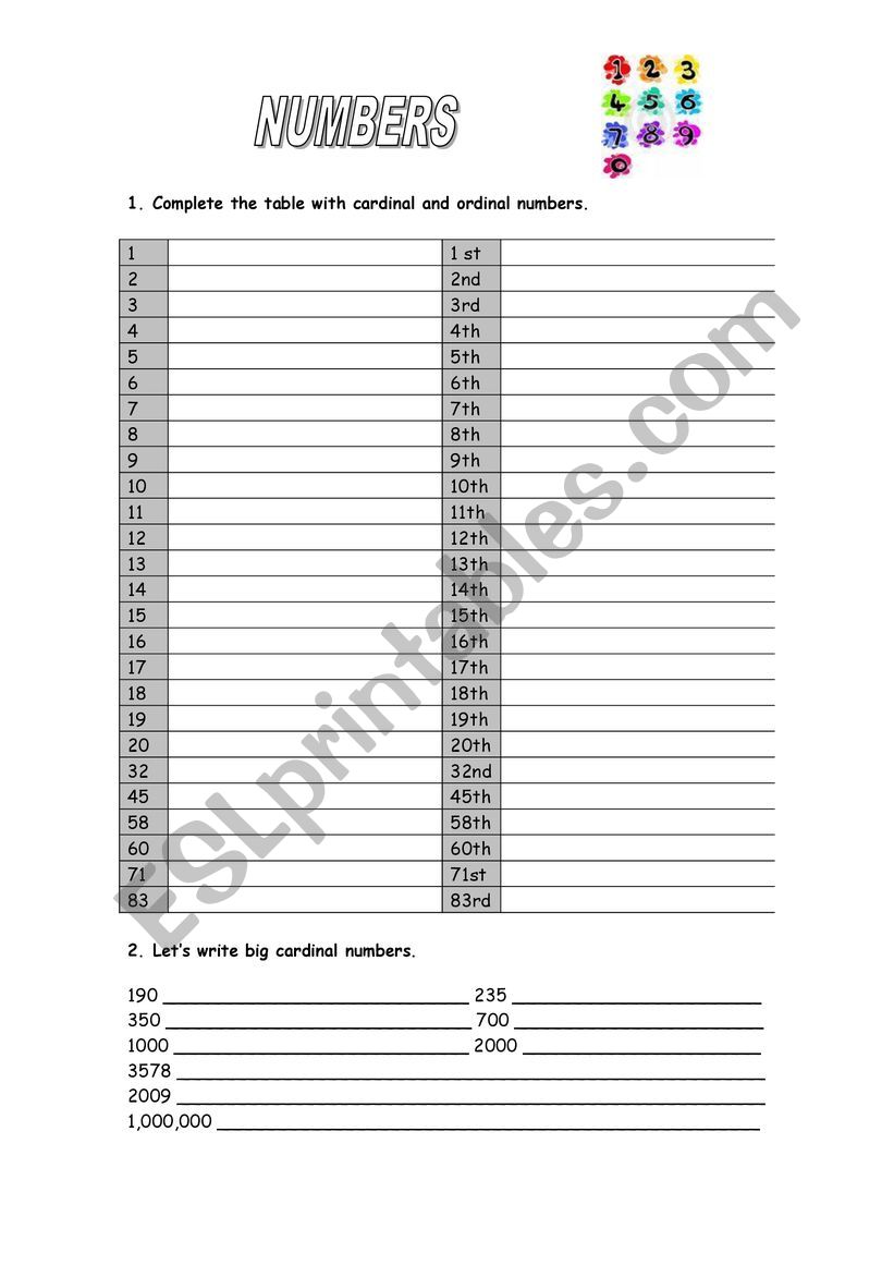 cardinal numbers  worksheet