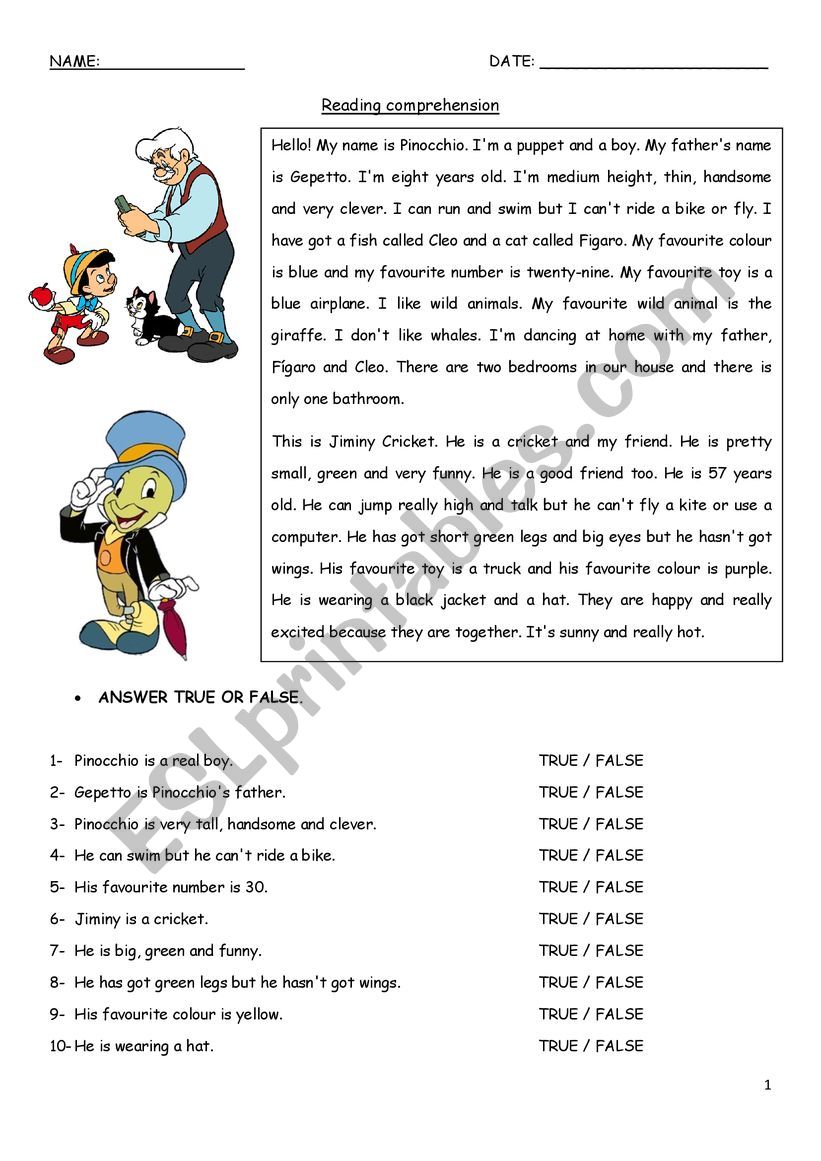 Reading Comprehension on Pinocchio ESL worksheet by Lorverona77