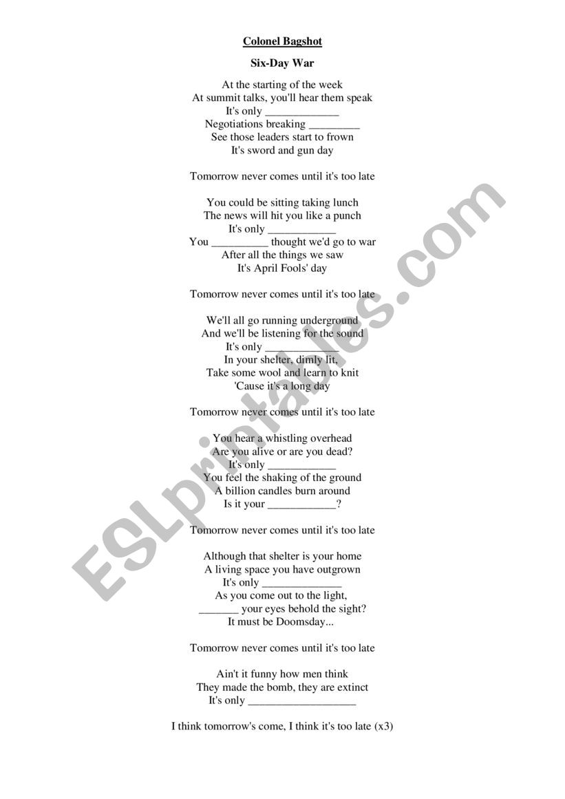 Six Day War- Worksheet Gapfill activity