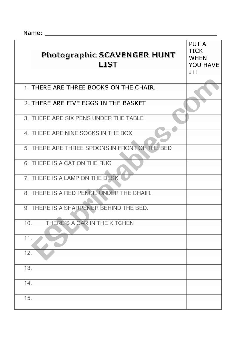 Photographic scavenger hunt worksheet