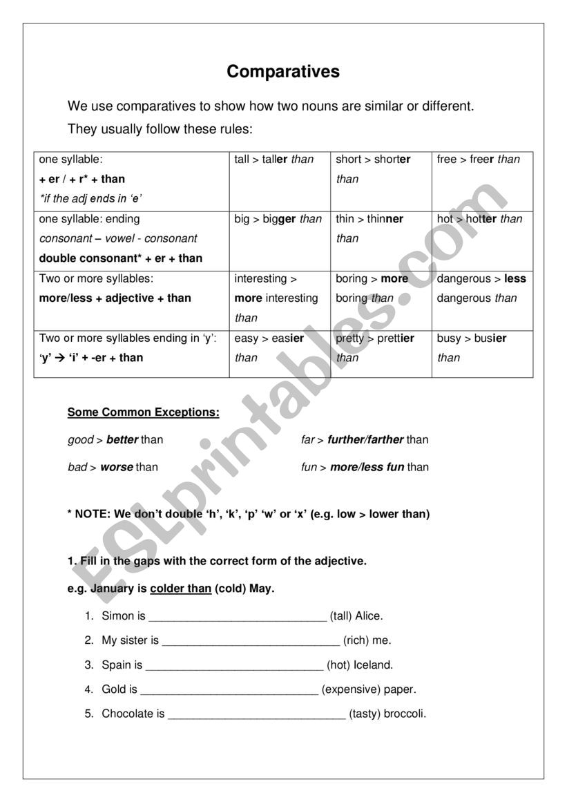 Comparatives explanation, exercises and answer key