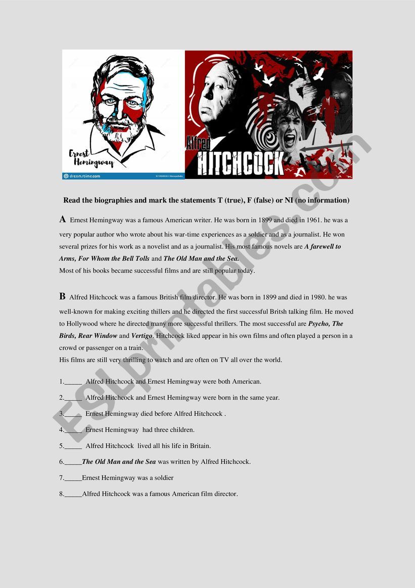 Hemingway and Hitchcock worksheet